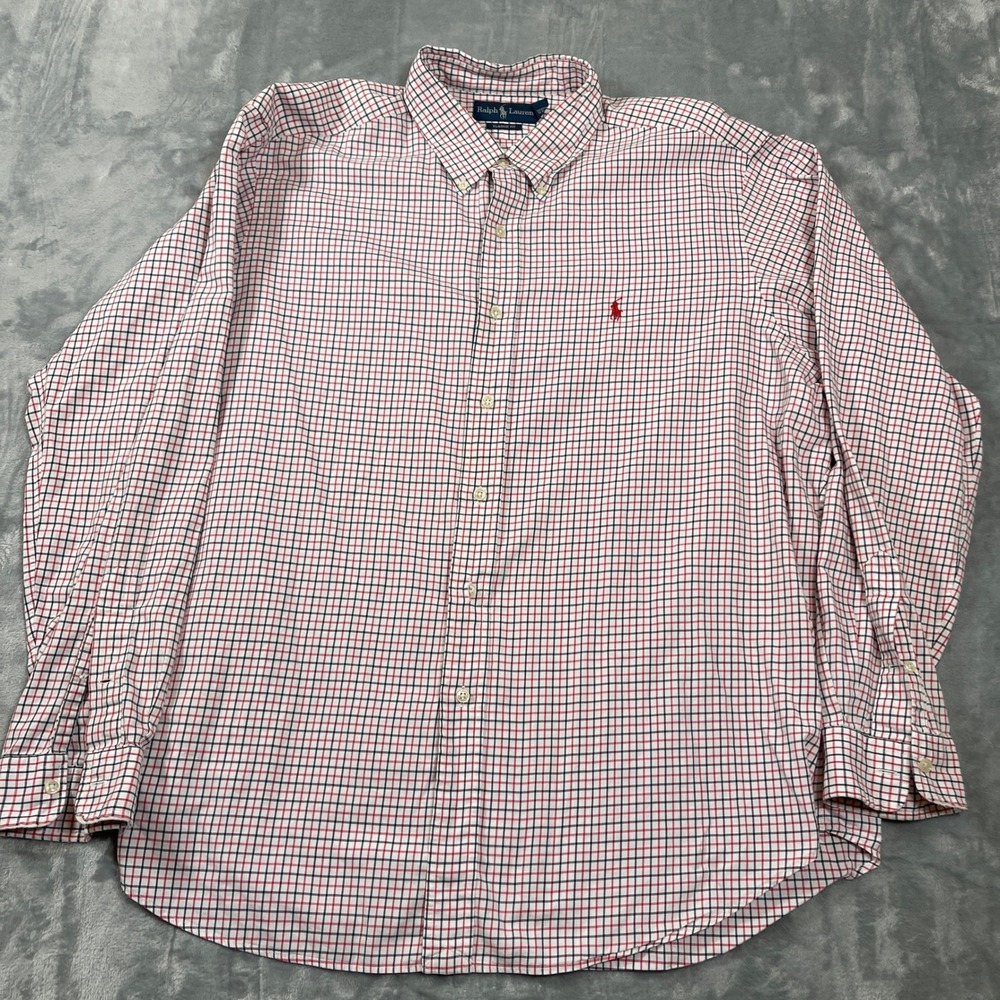 Ralph‎ Lauren Mens Long Sleeve Button Down Shirt XXL Classic Fit Red Navy Plaid